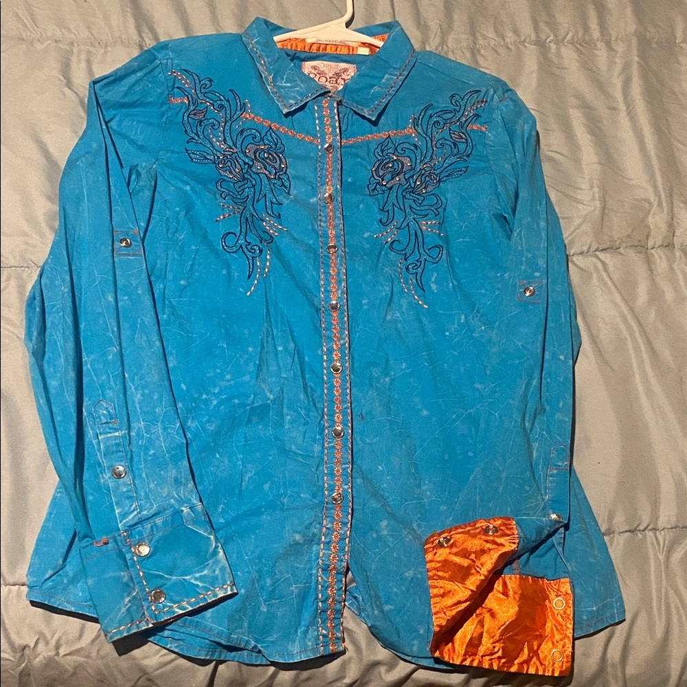 Roar Vibrant Blue Shirt with Orange Stitching